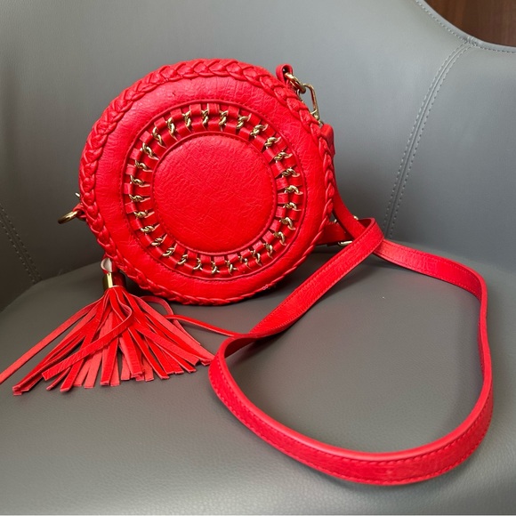 Bags Red Tassel Braided Woven Circle Crossbody Bag Gold Hardware